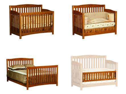 Four forms of the Monterey Convertible Crib: crib, toddler bed, toddler bed with rail, and child bed