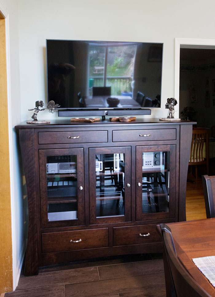 This HC Arts & Crafts High Buffet has customizations that turn it into an entertainment center—Amish Furniture Factory