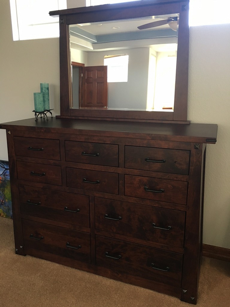 Encada Ten-Drawer Dresser from the Encada Bedroom Set in rustic cherry with Burnt Umber stain—Amish Furniture Factory