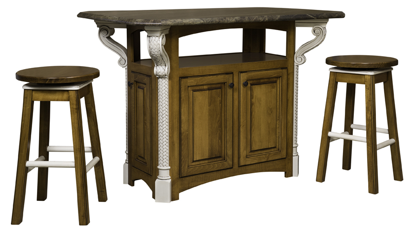 The New Century Kitchen Island shown with two bar stools