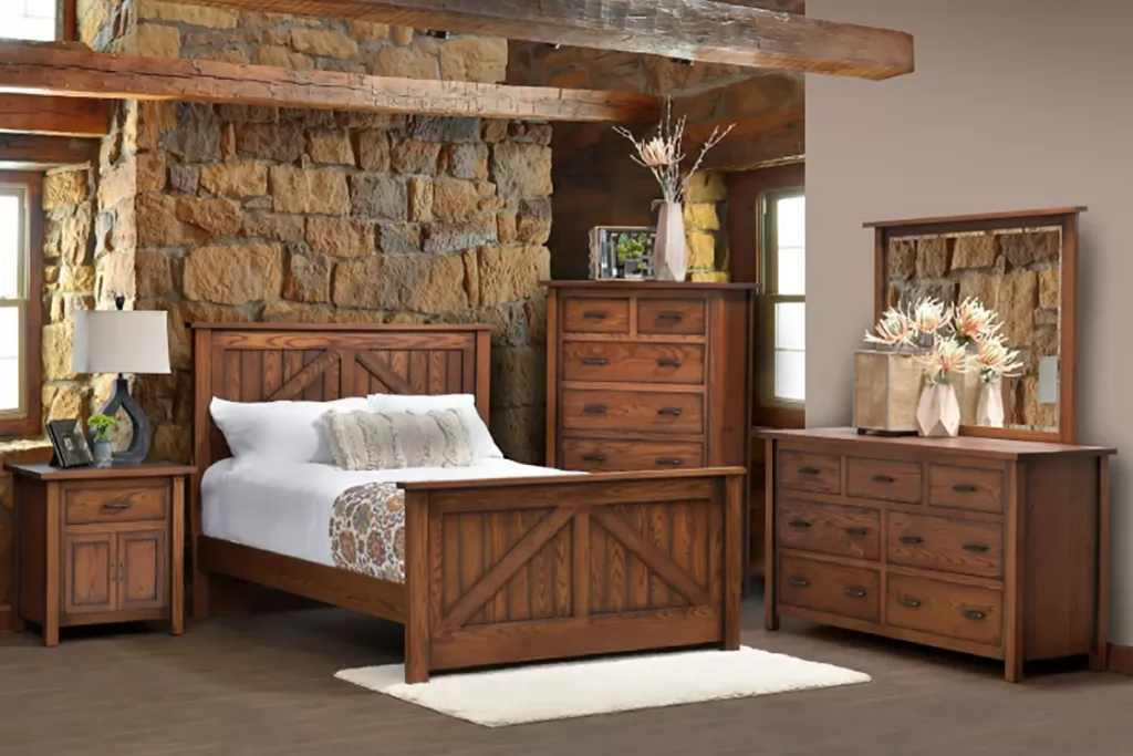 Wooden bed and cabinets