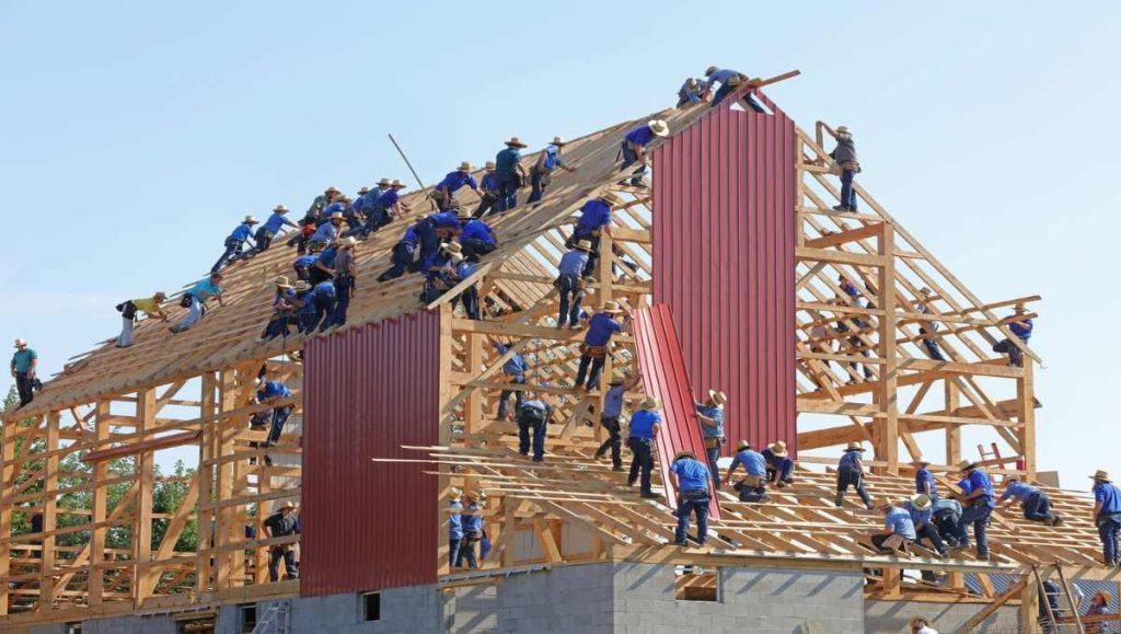 Amish builders constructing a house in Ohio