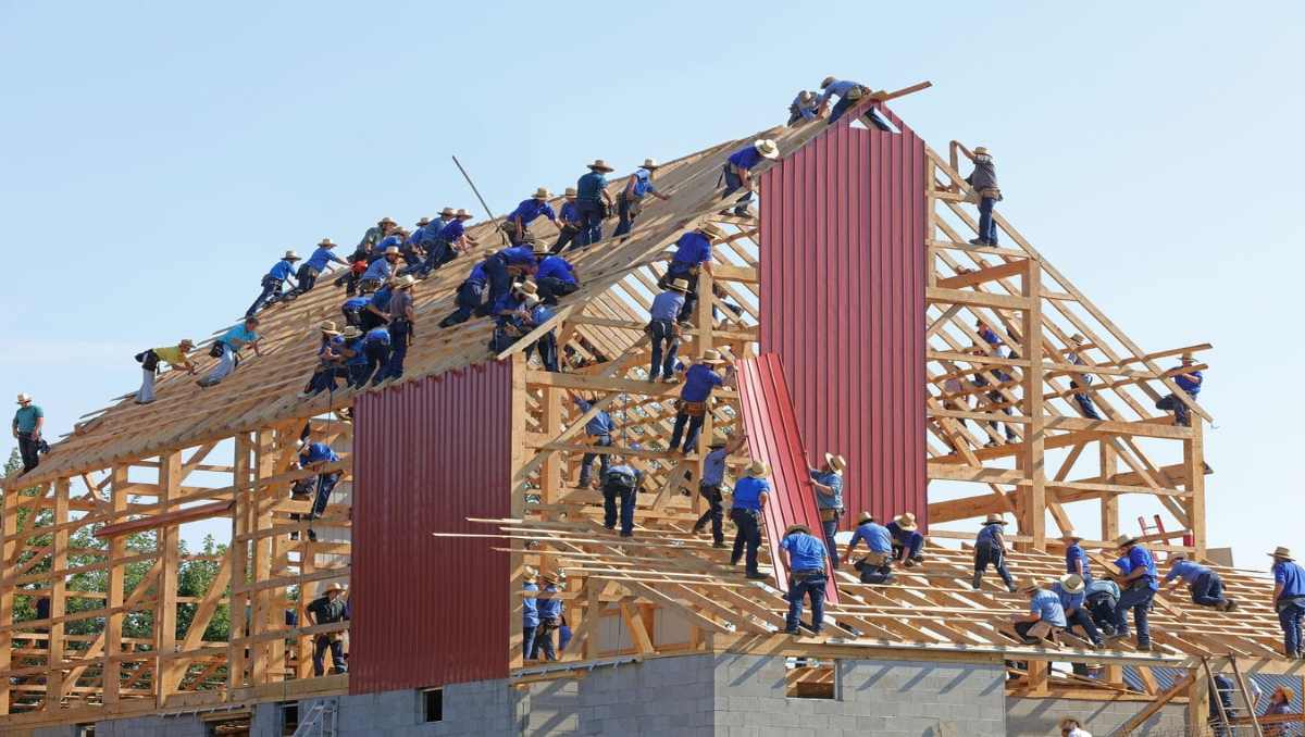 Amish builders constructing house in Ohio