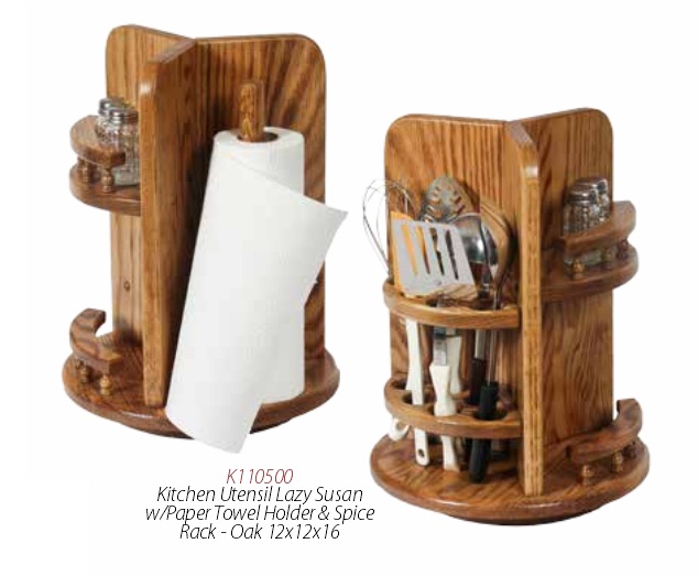 Amish Wood Kitchen Utensil Lazy Susan with Paper Towel Holder and Spice Rack
